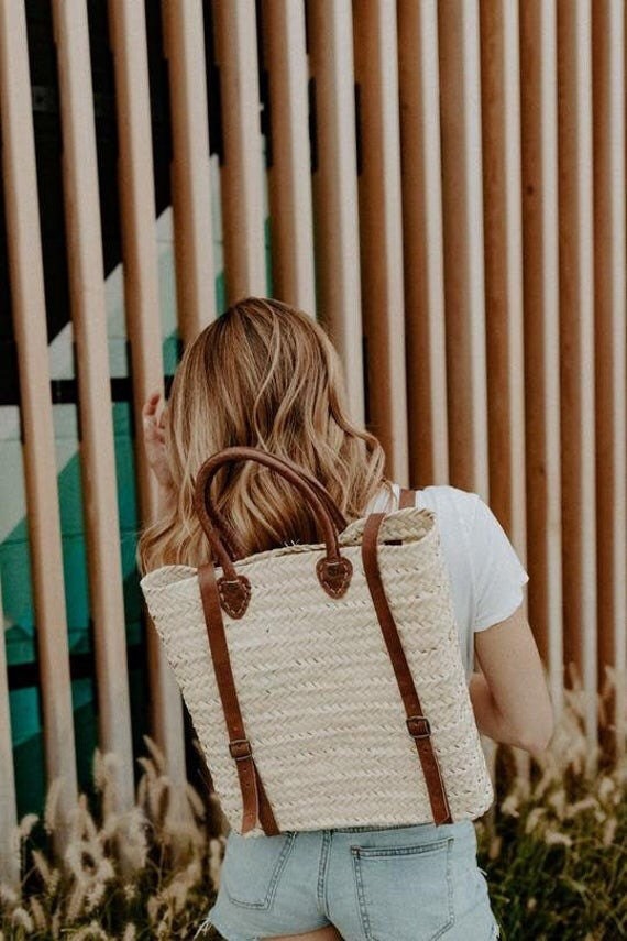 Hipster backpack boho backpack Straw backpack Straw Beach bag with leather strap