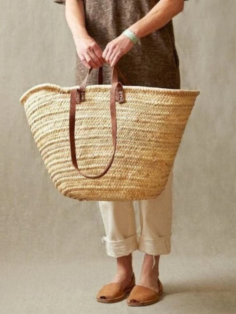 STRAW BAG Handmade with leather, French Market Basket, French market bag, Straw basket, French basket, grocery market bag image 6