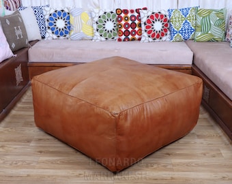 Amazing square Ottoman Pouffe Moroccan leather | ottoman square pouf | light tan handmade footstool square pouffe Moroccan