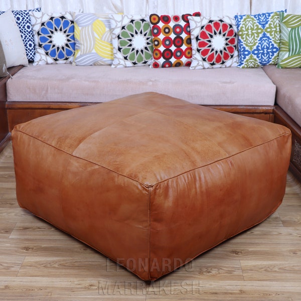 Amazing square Ottoman Pouffe Moroccan leather | ottoman square pouf | light tan handmade footstool square pouffe Moroccan