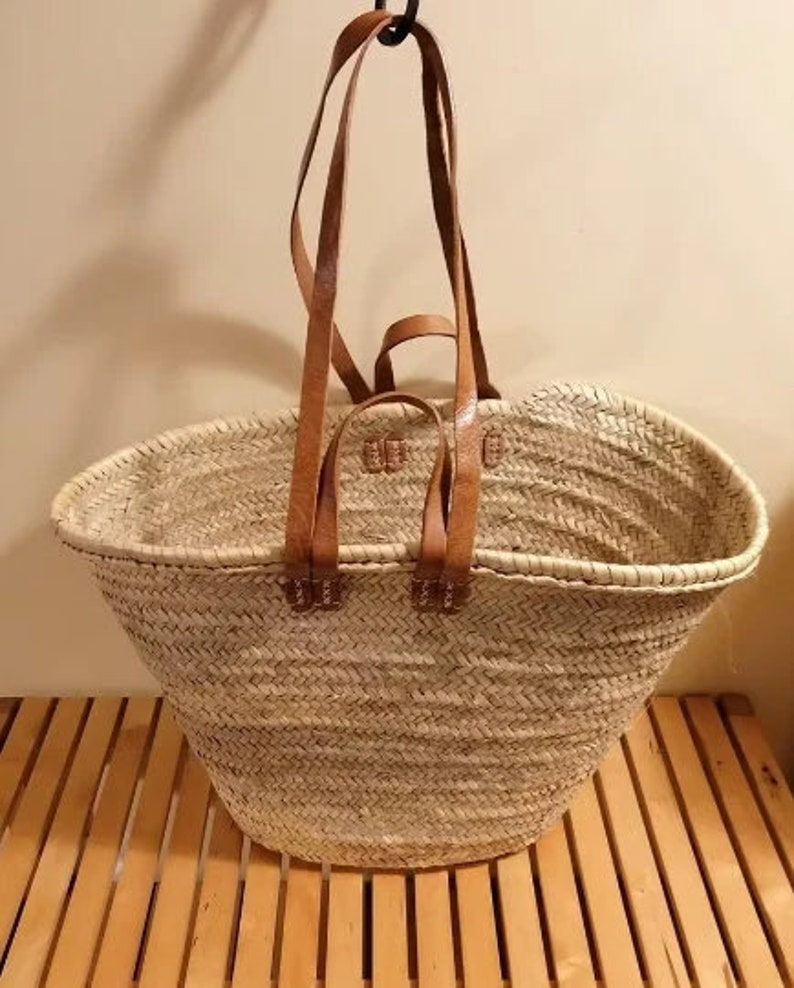 STRAW BAG Handmade with leather, French Market Basket, French market bag, Straw basket, French basket, grocery market bag image 5