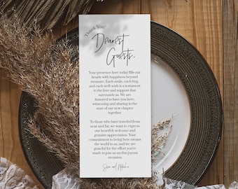 Minimalist Thank You Napkin Note | Table Thank You | Wedding Napkin Note | Wedding Menu Thank You | Place Setting | Thanks Letter