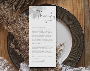 Minimalist Thank You Napkin Note | Table Thank You | Wedding Napkin Note | Wedding Menu Thank You | Place Setting | Thanks Letter