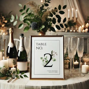 Peut inclure: Un numéro de table encadré avec un cadre doré, affichant le numéro 2 en noir et des accents floraux. Des bouteilles de champagne, des flûtes et des bougies entourent la table, créant une ambiance élégante. Le texte indique "Table No. 2" et les noms "Celine et Noah" avec une date.