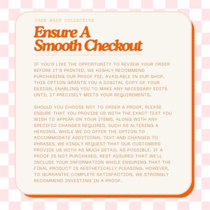 May include: A pink and white checkered background with a white rectangle in the center. The rectangle contains text in orange that reads "Ensure A Smooth Checkout". The text below explains the benefits of ordering a proof before printing.