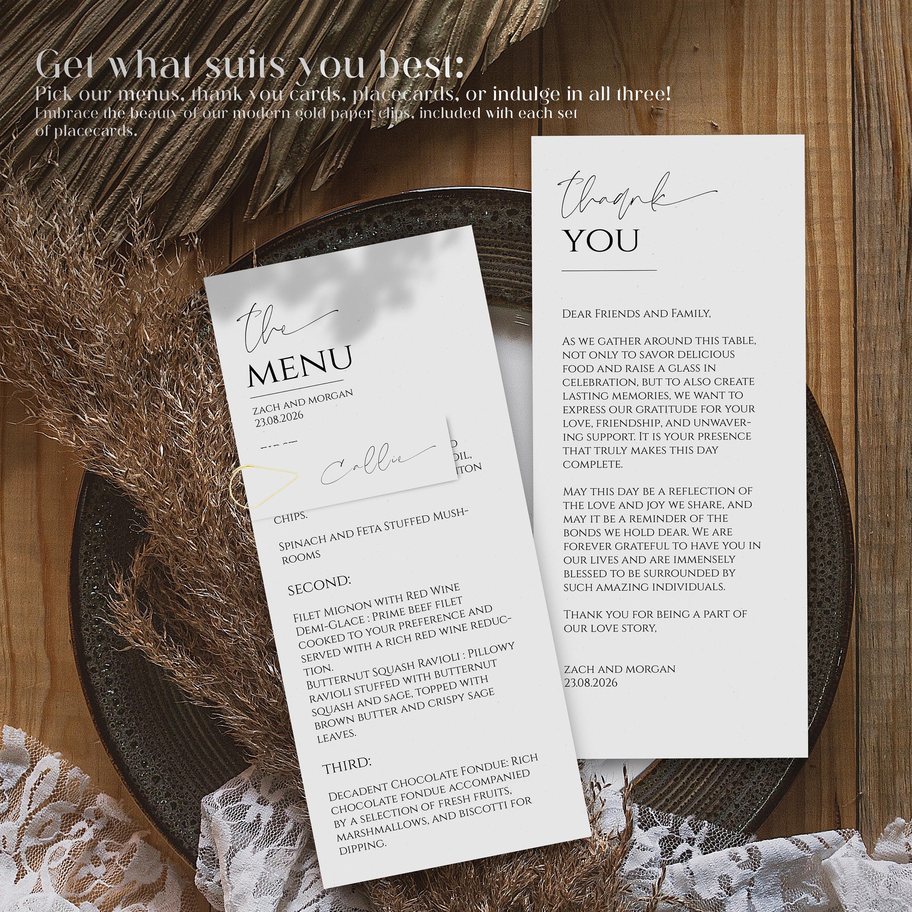 PRINTED Minimalist Wedding Menu With Place Cards Gold Teardrop