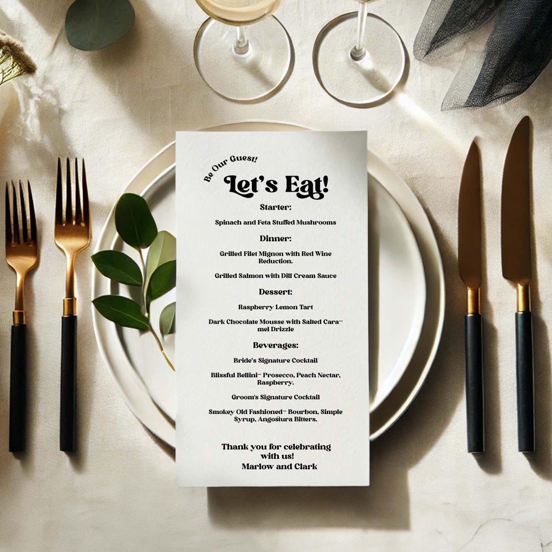 Event Menu Card Example Minimalist Event Menu Cards | Printed or Digital Wedding, Dinner ...