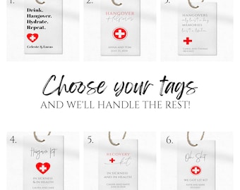 10 Hangover Tags with Option to Expand | Gift Tags | Hangover Kits | Bag Tag | Party Gift | Wedding Hangover Kit | Sickness and In Health