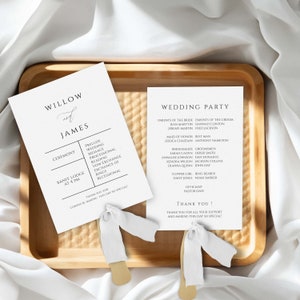 May include: White wedding ceremony program fan with black text. The front side lists the ceremony order, including prelude, wedding message, processional, reading, vow exchange, exchange of rings, and recessional. The back side lists the wedding party, including parents of the bride and groom, maid of honor, best man, bridesmaids, groomsmen, flower girl, ring bearer, and officiant. The text reads "Thank you for coming & making this day so special!"