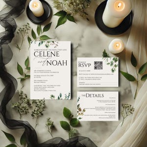 Peut inclure: Ensemble de faire-part de mariage comprenant une invitation principale, une carte RSVP et une carte de détails. Les cartes sont blanches avec des accents botaniques verts et une typographie élégante. Les noms Celene et Noah sont présents. Bougies et verdure entourent les cartes.