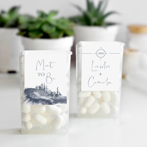 May include: Two clear plastic containers filled with white mints. One has a label that reads "Mint to Be" with a watercolor forest scene. The other has a label with "2022" and the names "Lincoln + Camila".