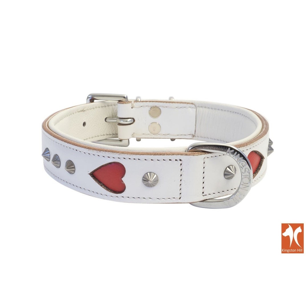 White Leather Dog Collar With Red Love Hearts