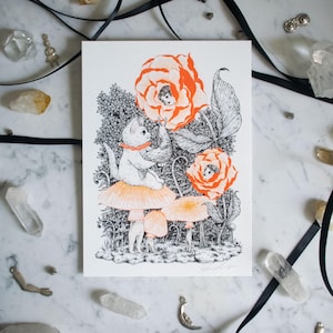 May include: Whimsical art print featuring a white cat wearing a red collar, seated on a mushroom. The illustration includes orange roses with faces, other mushrooms, and detailed black and white foliage. The artwork has a fantasy theme.