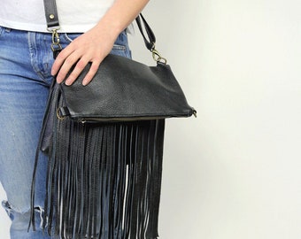 Handmade Black Leather Bohemian Leather Bags  Boho Bag Hippie Bohemian Fringe Bag Boho Fringe Crossbody Bag