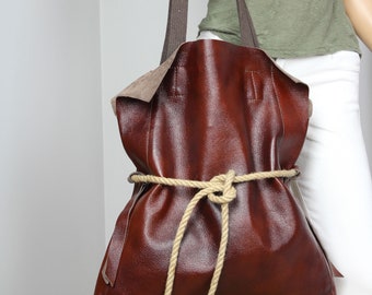 Cognac Brown Leather Tote Bag: Soft Oversized Shoulder Bag