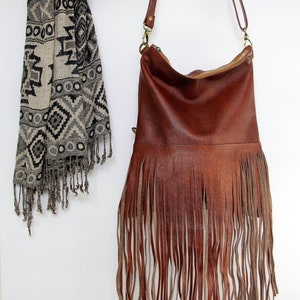 Bohemian fringe bag, cognac leather fringe bag, cognac brown  boho bag, festival bag, leather crossbody, handmade leather bag