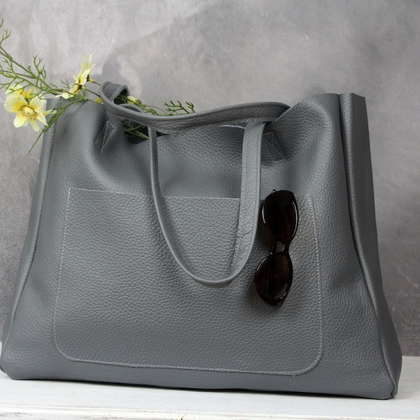 Large Simple Tote Bag Gray Oversized Leather Shopper For Books Large Weekender Bag Everyday handbag for women  Full Grain Leather