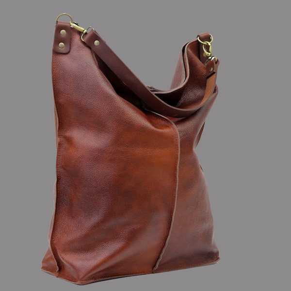 Very Large bag 18,5"x18", Oversized Cognac Leather Hobo Bag,  Brown Leather Hobo Bag, Soft leather  bag, Everyday handbag for women