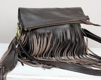 Brown Leather Fringe Crossbody Bag, Handmade Boho Purse