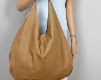 Bolso hobo extragrande de piel color canela: bolso de hombro para mujer