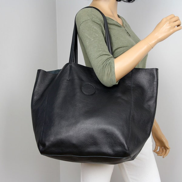 Black tote bag with zipper for everyday use, Slouchy leather bag, Black large leather bag, Oversized bag,  Full Grain Leather, Market bag