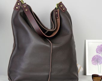 Dark Brown Leather Hobo  Bag With Zipper - Everyday shoulder bag - limited edition