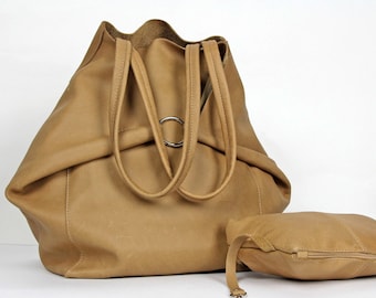 Urban Large Bag Tan, Summer leather bag, Mustard large soft bag, Large soft shoulder bag with cosmetic bag,  Minimalist leather tote bag