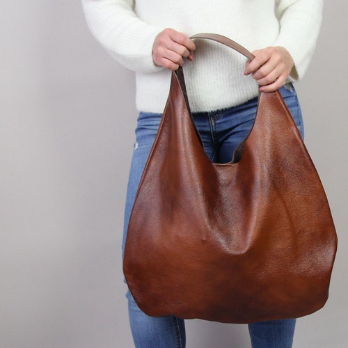 COGNAC BROWN LEATHER Hobo Bag Modern Handbag for Women Soft - Etsy