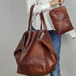 Braune große Ledertasche, Weiche Shopper Tasche für jeden Tag, Braune oversized Tasche, Große Beuteltasche, Shopper, Handtasche für Frauen