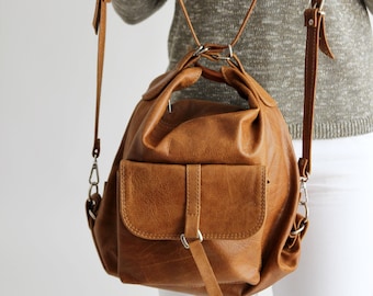 Wandelbare Leder Rucksack Geldbörse: Distressed Camel Rucksack