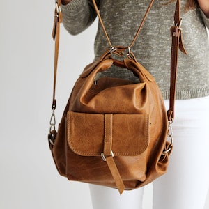 Convertible Backpack Purse Distressed Leather Camel Backpack