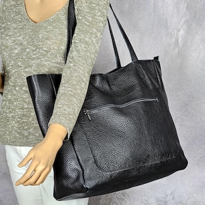 Black leather large tote bag with pockets and zipper, Oversized work and travel computer bag, Women laptop work bag,  everyday black bag