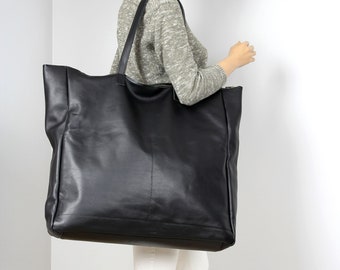 Large Genuine Leather Tote Shoulder Bag for Women, Women's Carryall Tote in Black, Very large black zippered handbag, Black Soft Leather