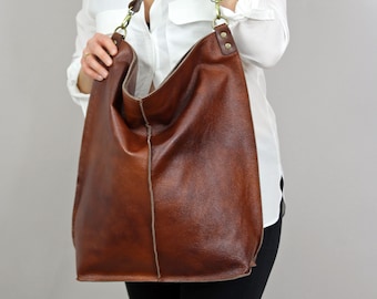 Very Large bag 18,5&quot;x18&quot;, Oversized Cognac Leather Hobo Bag,  Brown Leather Hobo Bag, Soft leather  bag, Everyday handbag for women