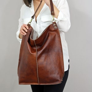 Très grand sac 38,6 x 40,8 cm, sac hobo surdimensionné en cuir cognac, sac hobo en cuir marron, sac en cuir souple, sac à main de tous les jours pour femme