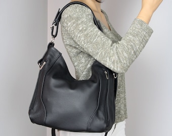 Bolso de cuero negro de todos los días con muchos bolsillos en el exterior, bolso mediano para mujeres, bolso de cuero, bolso de hombro negro para mujeres