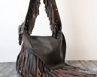 Bolso bandolera de piel marrón oscuro con flecos: estilo bohemio occidental (6 colores)