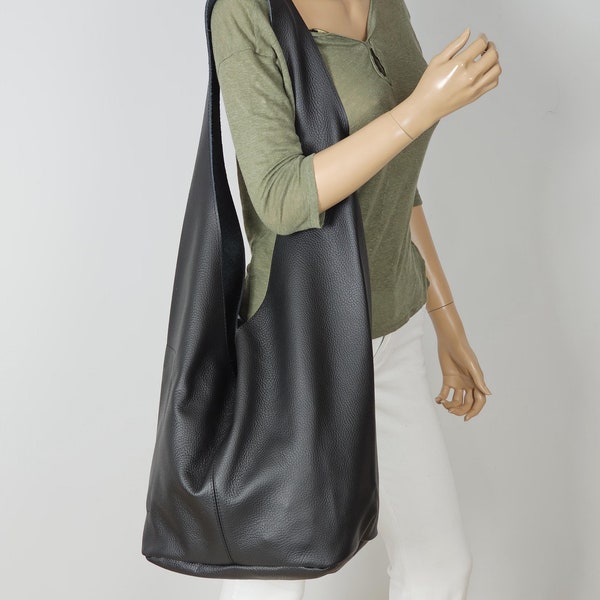 Handmade Black Pebbled Leather Hobo Bag: Oversized Boho Crossbody