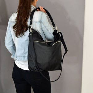 Black Everyday Crossbody Bag Soft Leather Black Bag, Hobo Bag with Pocket Pocket on the Front, Shoulder casual durable bag, work bag image 2