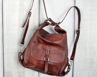 Sac à dos convertible en cuir pleine fleur marron - Sac à dos universel en cuir de taille moyenne - Sac à dos convertible fabriqué à la main pour femme