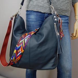 Navy Blue Hobo Bag,  Everyday Leather Shoulder Bag, Navy Blue Leather Shoulder Bag,Tan Leather Handbag, Crossbody, Aztec Belt, Aztec Strap
