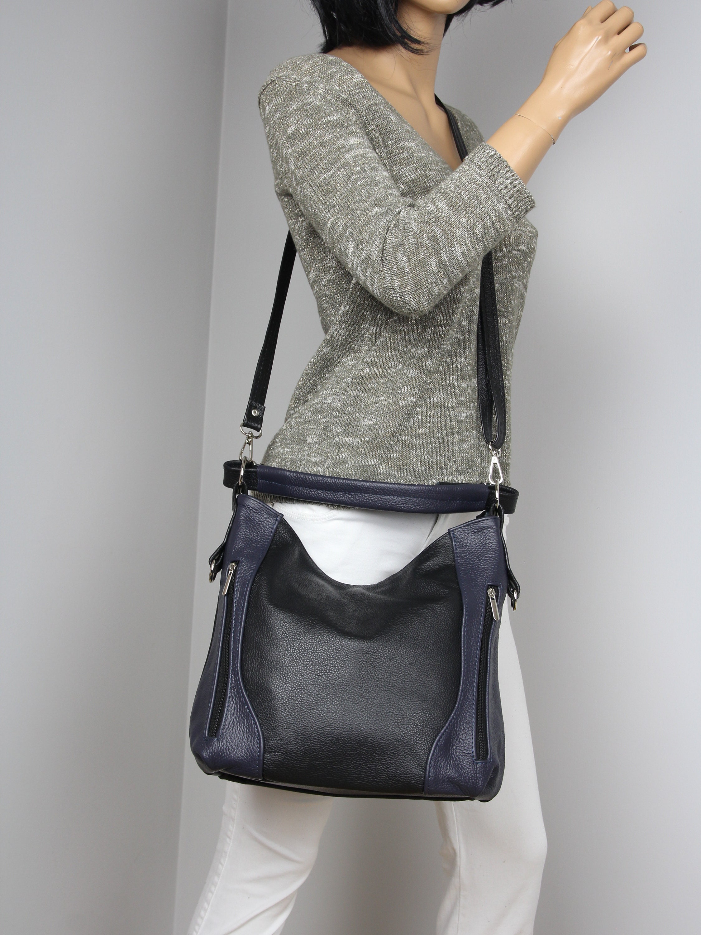 Black and Navy Blue Leather Hobo Bag Everyday Shoulder Bag Handbag With Many Pockets on the Outside Medium Handbag for Women Etsy Ireland