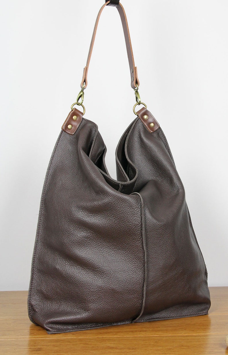 Dark Brown Leather Hobo Bag With Zipper Everyday shoulder bag limited edition image 3