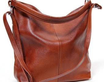 Cognac Brown Leather Handbag with Zipper Leather Shoulder Bag Handmade Commuter Bag   Ladies  Purse Everyday Large Cossbody Bag Hobo Bag