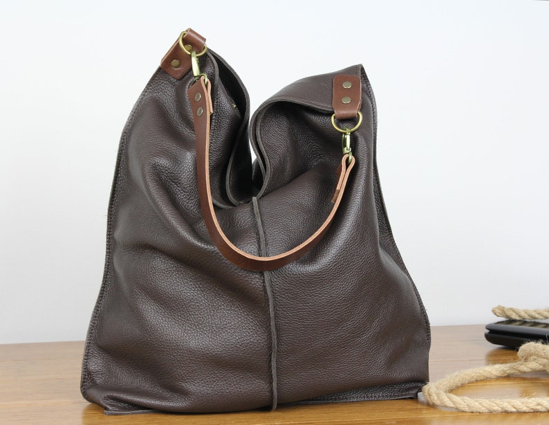 Dark Brown Leather Hobo Bag With Zipper Everyday shoulder bag limited edition image 1