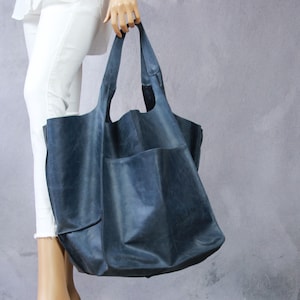 Bolso tote extragrande de piel azul marino: bolso de mano suave