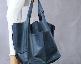 Oversized Navy Blue Leather Tote Bag: Soft Carryall Shopper