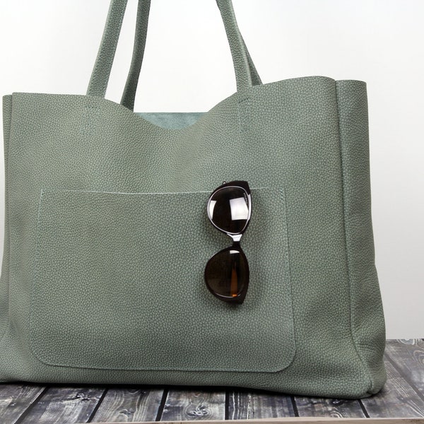 Leder Shopper Tasche -Sea-color Leder Handtasche. Oversized Ledertasche für Bücher. Große Schultasche mit großer Außentasche.