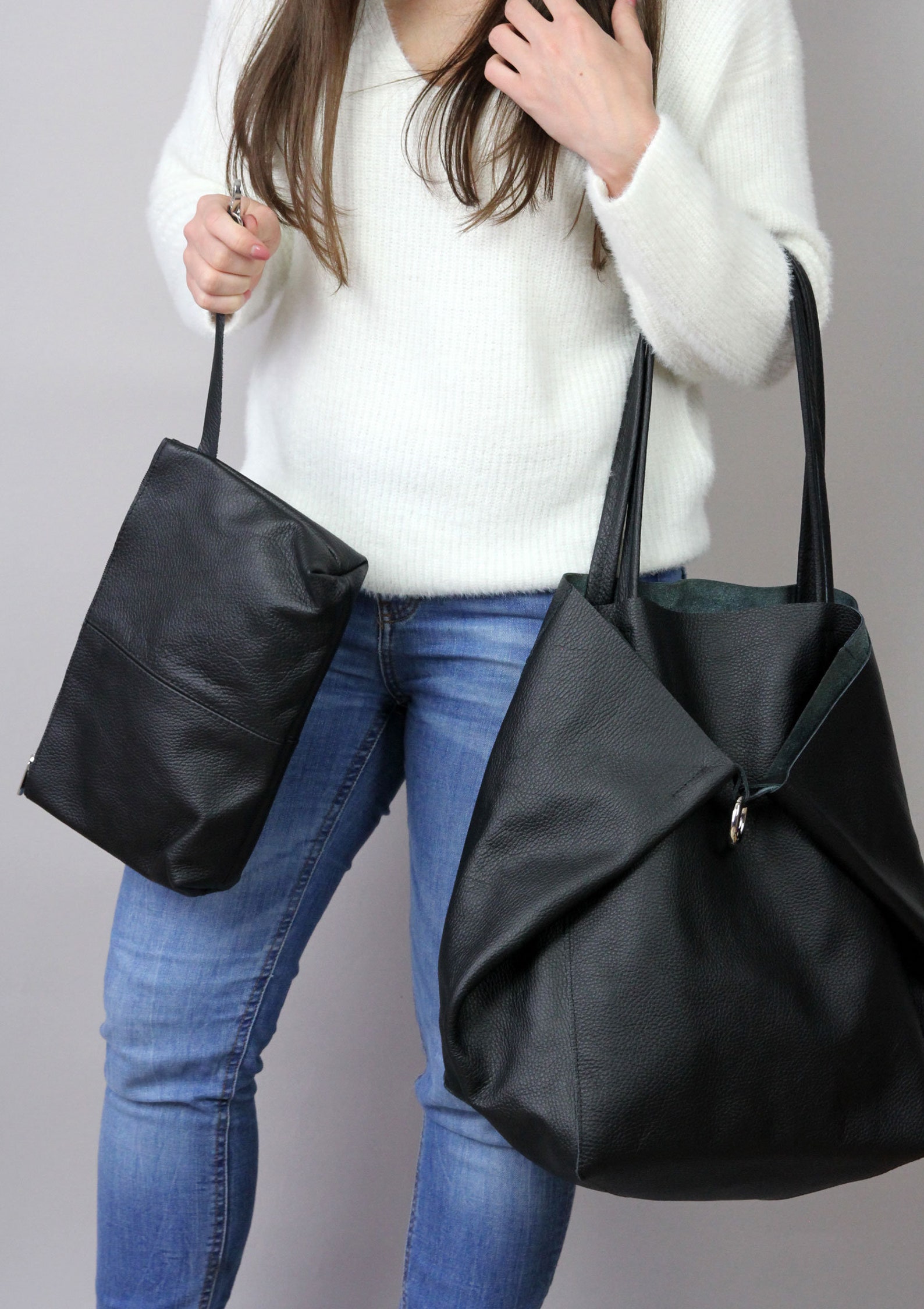 New Extra Large Work Tote Bag Leather Black Shopper Bag Etsy