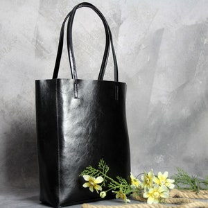 Minimalistic Black Glossy Purse - Leather Tote - Shoulder Bag - Handmade Leather Tote Bag - Large Leather Bag - Work bag for laptop for mum